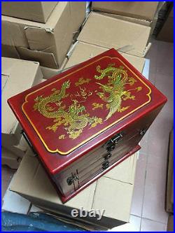 New Large Red Chinese Painted Lacquer Dragon Phoenix Jewellery Box with Mirror
