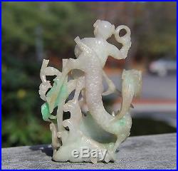 ORNATELY CARVED ANTIQUE CHINESE JADE STATUE OF FIGURE With FISH DRAGONS CRABS 19C