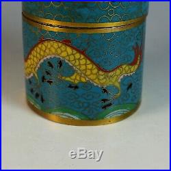 Old Antique Chinese Cloisonne Round Box with Dragon
