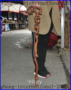 Old China Boxwood wood Hand carved Dragon head Crutch Cane Walking stick statue