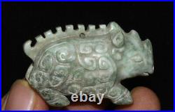 Old China Han Dynasty Natural Hetian Jade Carved Dragon Beast Amulet Statue