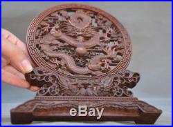 Old Chinese Boxwood wood Hand carved Auspicious Dragon bird Screen Byobu Statue