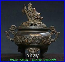 Old Chinese Bronze Dynasty Dragon Head 2 Ear Lion Legs Incense Burner Censer