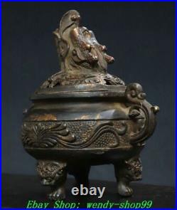 Old Chinese Bronze Dynasty Dragon Head 2 Ear Lion Legs Incense Burner Censer