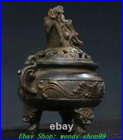 Old Chinese Bronze Dynasty Dragon Head 2 Ear Lion Legs Incense Burner Censer