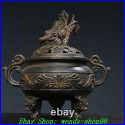 Old Chinese Bronze Dynasty Dragon Head 2 Ear Lion Legs Incense Burner Censer