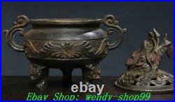 Old Chinese Bronze Dynasty Dragon Head 2 Ear Lion Legs Incense Burner Censer