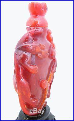 Old Chinese Carved Carnelian Agate Snuff Bottle with 2 CHILONG Baby Dragons (4.1)