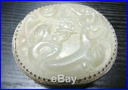 Old Chinese Carved White Jade Dragon Silver Gilt Bronze Metal Box Signed