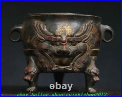 Old Chinese Dynasty Bronze Gilt 3 Leg Dragon Lion Beast Incense Burner Censer