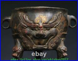 Old Chinese Dynasty Bronze Gilt 3 Leg Dragon Lion Beast Incense Burner Censer