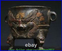 Old Chinese Dynasty Bronze Gilt 3 Leg Dragon Lion Beast Incense Burner Censer