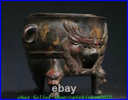 Old Chinese Dynasty Bronze Gilt 3 Leg Dragon Lion Beast Incense Burner Censer