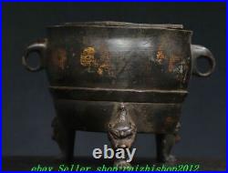 Old Chinese Dynasty Bronze Gilt 3 Leg Dragon Lion Beast Incense Burner Censer