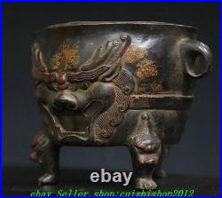 Old Chinese Dynasty Bronze Gilt 3 Leg Dragon Lion Beast Incense Burner Censer