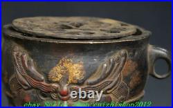 Old Chinese Dynasty Bronze Gilt 3 Leg Dragon Lion Beast Incense Burner Censer