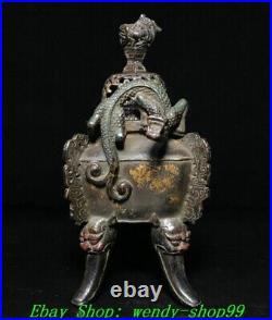 Old Chinese Dynasty Marked Bronze Gilt Dragon Beast Head Incense Burner Censer