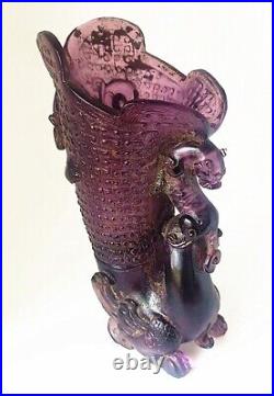 Old Chinese Dynasty purple Colored Glaze Dragon Beast Cup Wine Glass Goblet