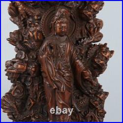 Old Chinese Exquisite Handmade Boxwood Dragon guanyin statue