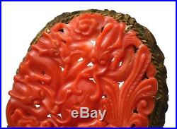 Old Chinese Gilt Sterling Silver Coral Carved Carving Phoenix Dragon Pin Brooch