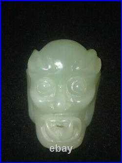 Old Chinese HAND Carved JADE BELT BUCKLE Mask Dragon Devil Demon Vintage