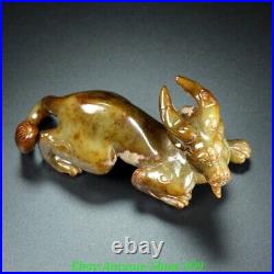 Old Chinese Han Dynasty Natural Hetian Jade Carved Fengshui Dragon Beast Statue