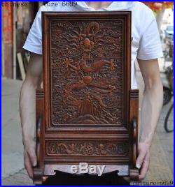 Old Chinese Huanghuali wood Hand carved Dragon Loong statue Screen Byobu