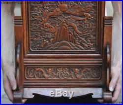 Old Chinese Huanghuali wood Hand carved Dragon Loong statue Screen Byobu