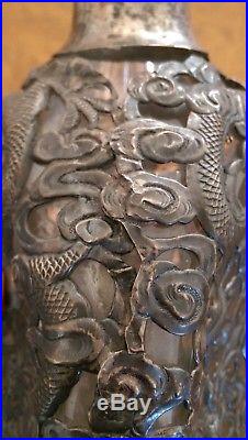 Old Chinese Sterling Silver Dragon Overlay Glass Bottle Decanter