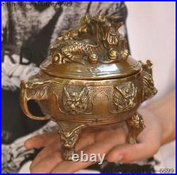 Old Chinese bronze Dragons Loong Dragon beast head statue Incense Burner censer
