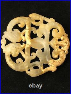 Old Chinese carved double dragon jade amulet river found with skin MA 092321cE@