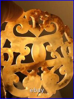 Old Chinese carved double dragon jade amulet river found with skin MA 092321cE@