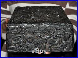 Old Chinese dynasty palace black Rosewood wood Carved Dragon Jewelry Storage box