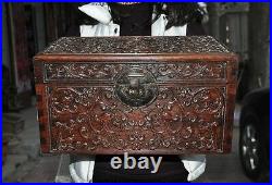 Old Chinese huanghuali wood hand-carved dragons storage box Treasure container