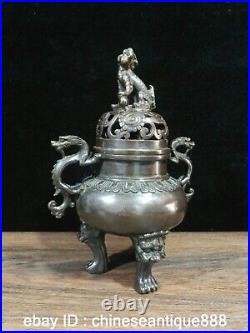Old Chinese pure Bronze Dynasty handcarved dragon ear Lion Lid incense burner