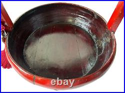 Old Lacquered Chinese Elm Large withHandles & Tassel Basket, Double Dragon/Floral