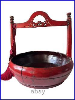 Old Lacquered Chinese Elm Large withHandles & Tassel Basket, Double Dragon/Floral