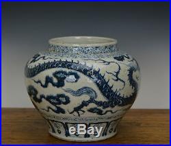 Old Large Chinese Ming Style Blue and White Dragon Porcelain Pot