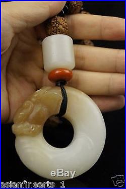 Old Nephrite Hetian White Jade Dragon Ring Carving Pendant Chinese Antique #638