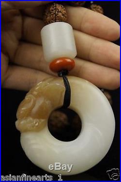 Old Nephrite Hetian White Jade Dragon Ring Carving Pendant Chinese Antique #638
