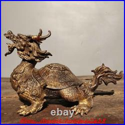 Old chinese bronze Gilt Feng Shui wealth lucky loong turtle Dragon turtle statue