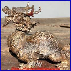 Old chinese bronze Gilt Feng Shui wealth lucky loong turtle Dragon turtle statue