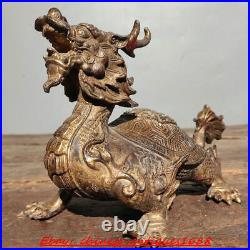 Old chinese bronze Gilt Feng Shui wealth lucky loong turtle Dragon turtle statue