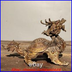 Old chinese bronze Gilt Feng Shui wealth lucky loong turtle Dragon turtle statue