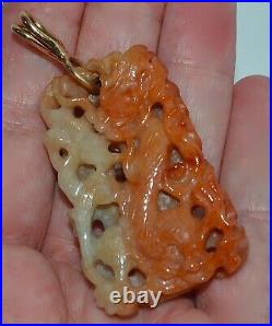Old or Antique Chinese Carved White + Russet Jade Pendant Gold Bale Dragon