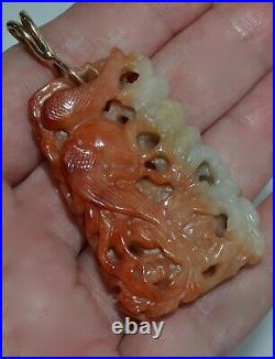 Old or Antique Chinese Carved White + Russet Jade Pendant Gold Bale Dragon