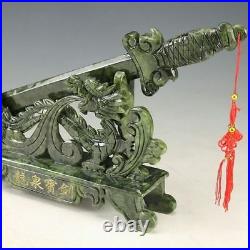 Oriental Vintage Chinese Handwork Carved Jade Dragon Sword Statue @AA