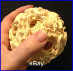 Ornate Carved Ivory-Colored Chinese Puzzle Ball-Over 3 Diameter-13 Layers