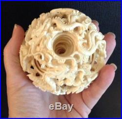Ornate Carved Ivory-Colored Chinese Puzzle Ball-Over 3 Diameter-13 Layers