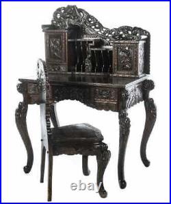 Ornate Chinese / Japanese Writing Desk & Chair with Dragon & Mount Fuji Carvings